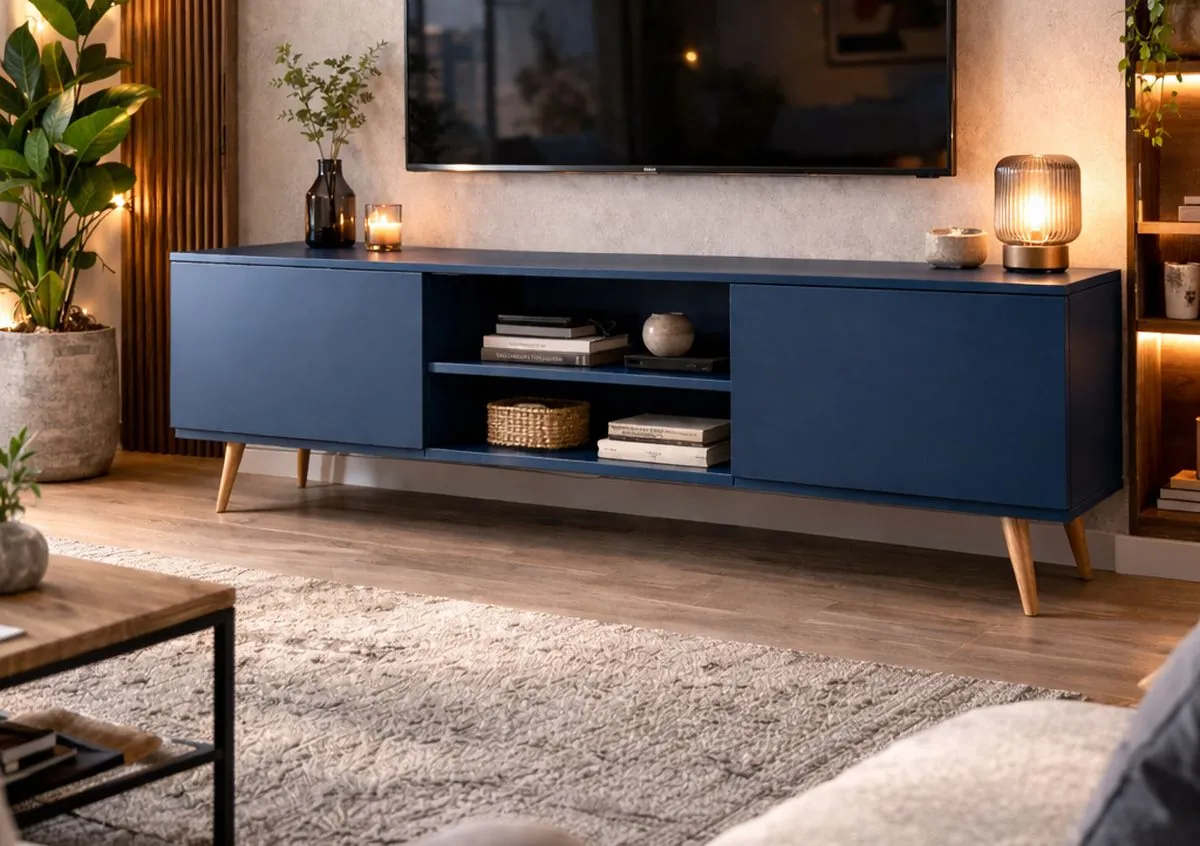 Rack Harmonia na cor Azul profundo, montado em uma sala de estar