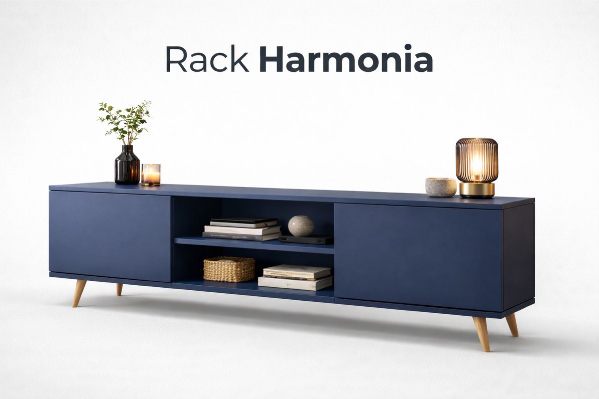 Rack Harmonia na cor Azul Marinho, visto de frente sobre fundo claro