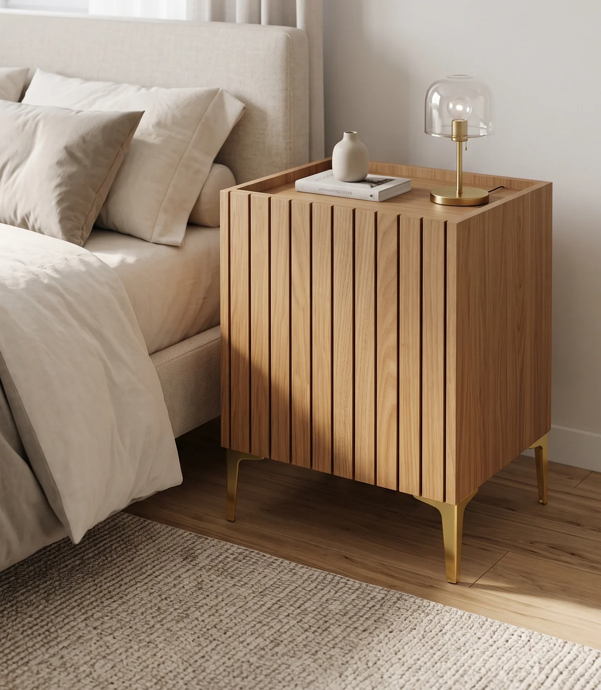 Mesa Cabeceira Lux ao lado da cama, com luminária e livro sobre o tampo